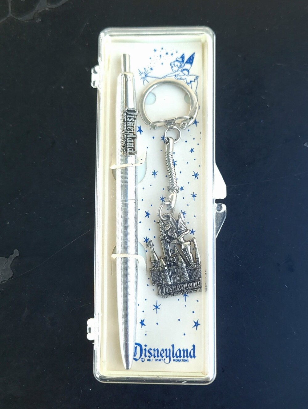 Vintage Disneyland Silver Pen & Keychain Set Tinkerbell Sleeping Beauty Castle